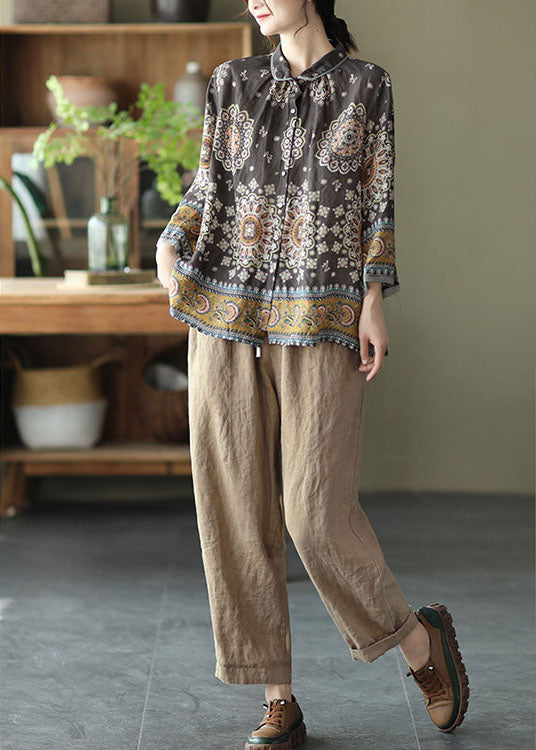 Simple Chocolate Patchwork Print Fall Long Sleeve Top