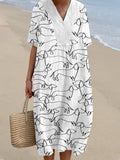 Comstylish Dachshund Line Art Printed Linen Blend Dress