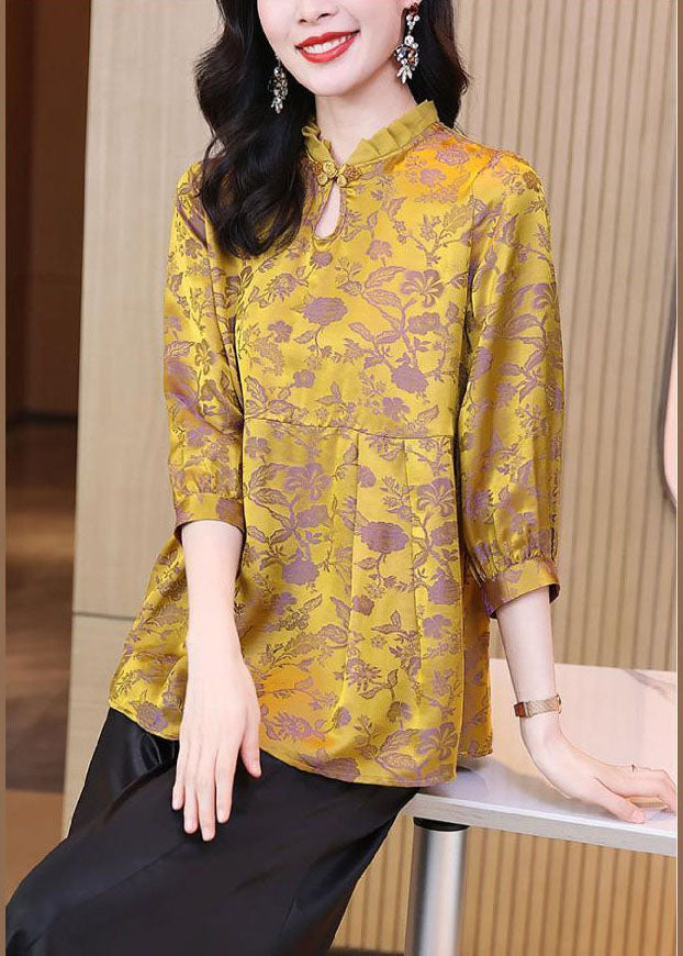 Yellow Ruffled Jacquard Silk Blouses Bracelet Sleeve