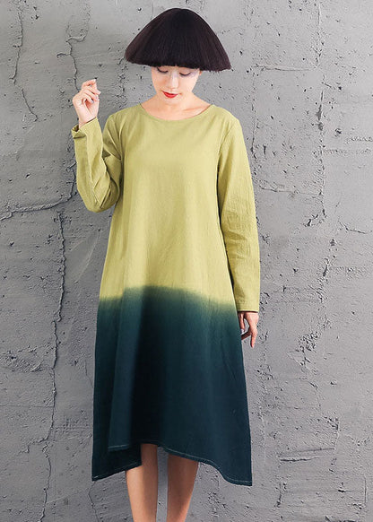 Yellow O-neck Gradient Color Cotton Dress Spring