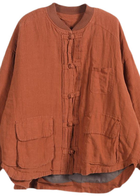 Simple Black O-neck Pockets Button Thick Coat Long Sleeve