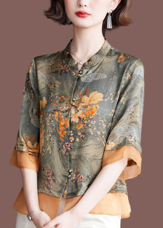 Green Stand Collar Tulle Patchwork Print Silk Shirt Tops Half Sleeve