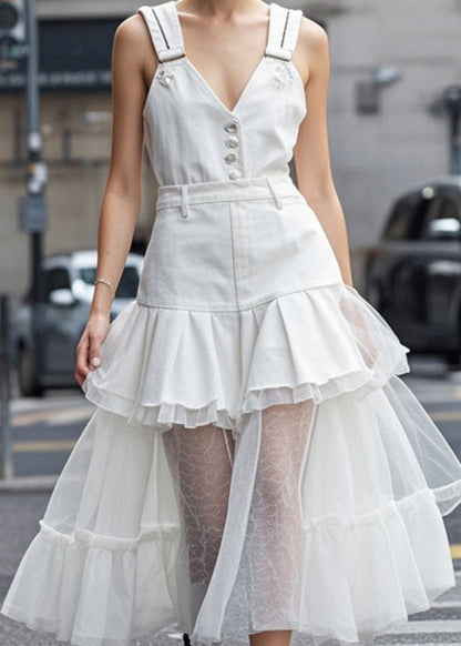 White V Neck Tulle Patchwork Denim Dress Summer