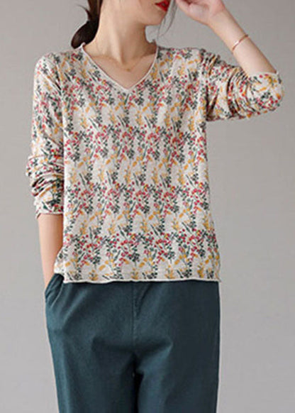 Fitted Beige V Neck Print Fall Blouse Top