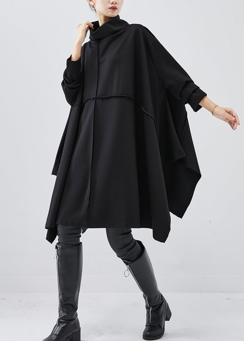 Black Turtle Neck Asymmetrical Exra Large Hem Cotton Dress Spring