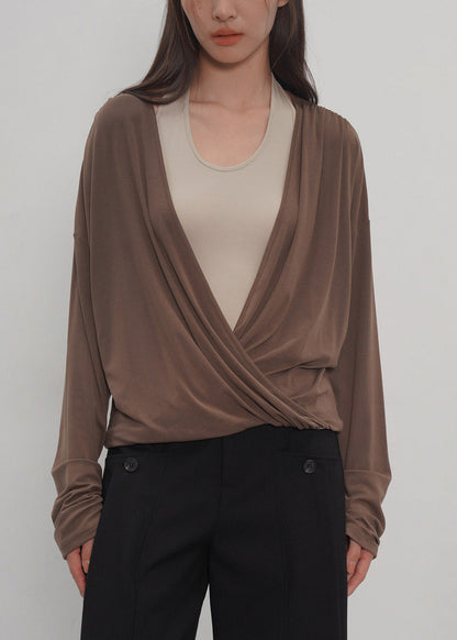 New Grey Fake Two-piece Spliced Neck Hanging Long Sleeved T-shirt Top