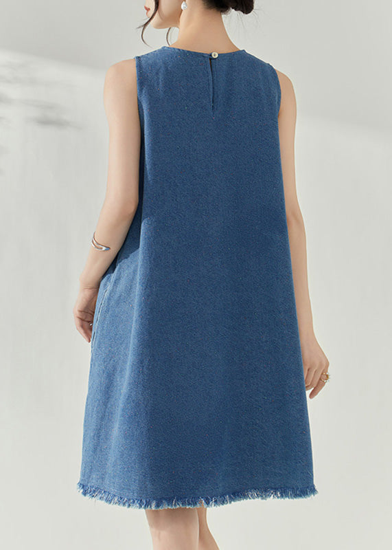 Blue V Neck Holiday Denim Mid Dress Summer