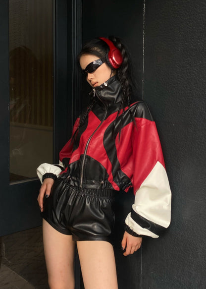 Loose Red Drawstring Patchwork Faux Leather Jacket Fall