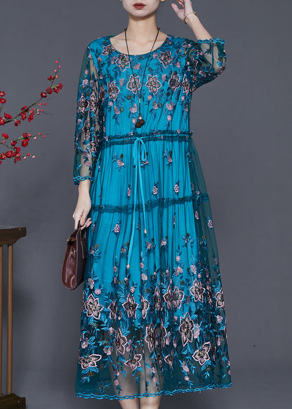 Blue Embroidered Tulle Cinched Dresses Summer