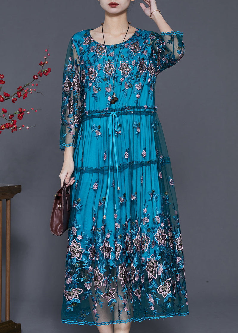 Blue Embroidered Tulle Cinched Dresses Summer
