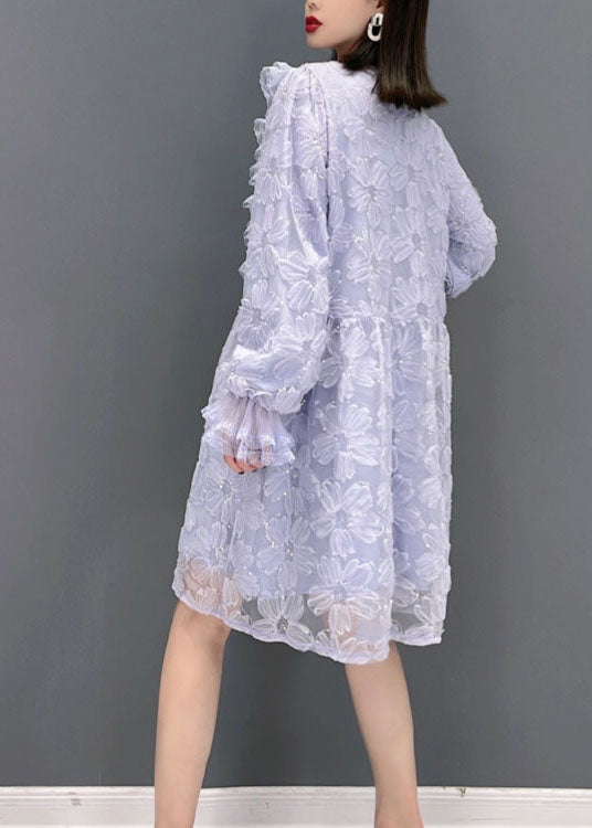 Purple O-neck Ruffled Print Tulle Party Dress Spring