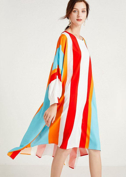Red Striped O-neck Asymmetrical Design Summer Long Dress Sleeve