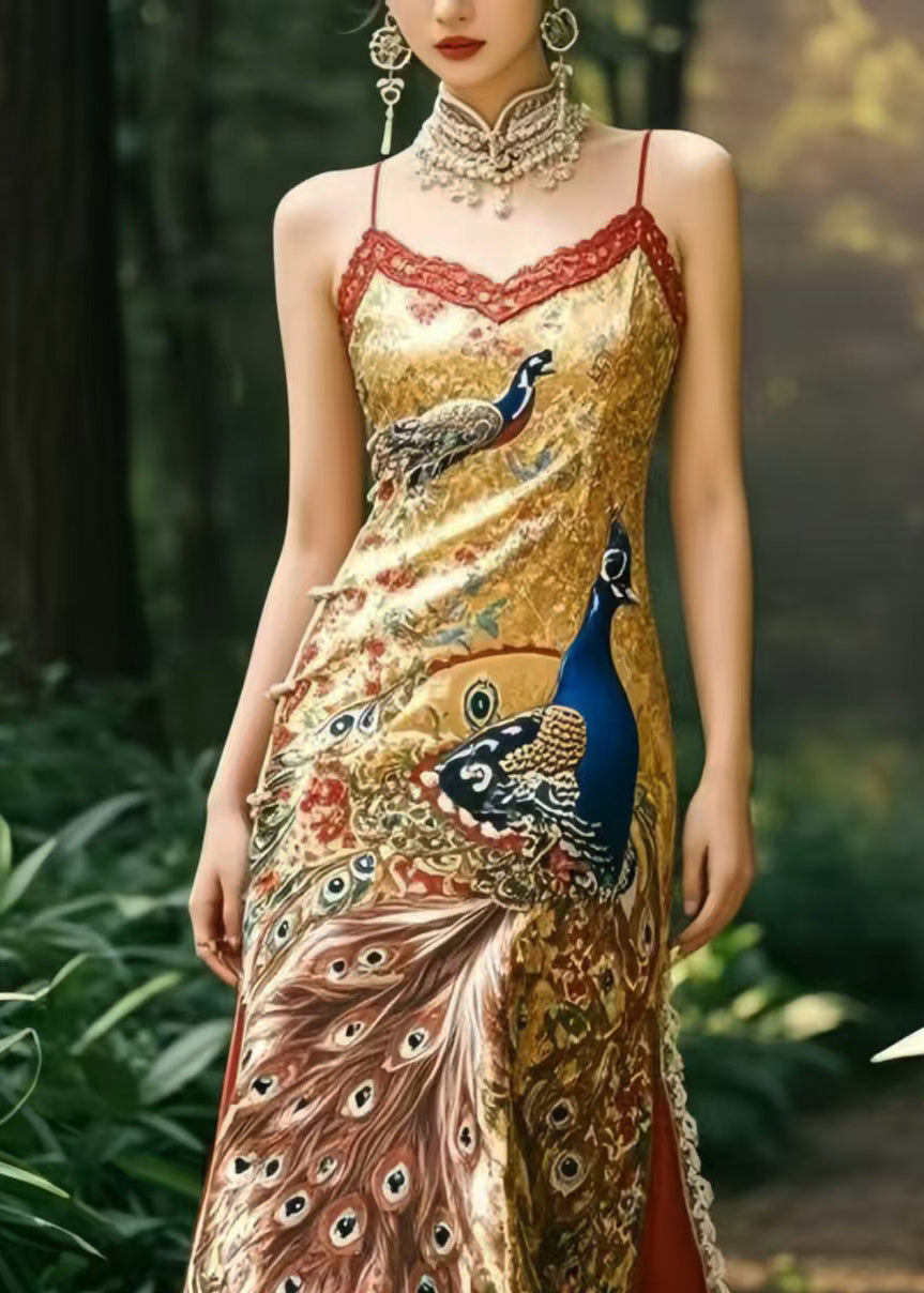 Style Peacock Print Patchwork Ruffles Silk Vestidos Dress Summer