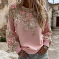 Comstylish Women's Pink Rose Embroidery Art Round Neck Casual Sweatshirt