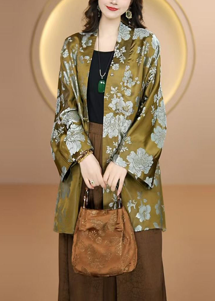 Green V Neck Button Print Silk Shirts Top Fall