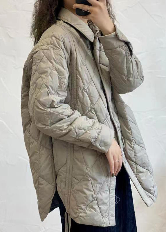 Grey Peter Pan Collar Lace Up Patchwork Duck Down Coat Winter
