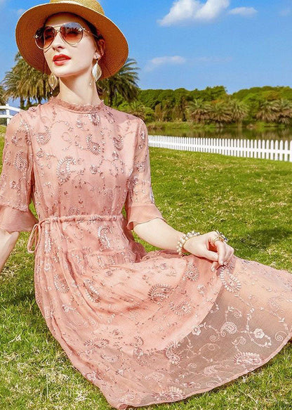 Pink Ruffled Embroideried Tie Waist Silk Cinch Dress Half Sleeve Summer