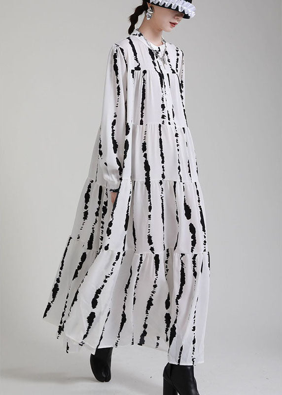 Boutique White Print Patchwork Asymmetrical Design Fall Vacation Dresses Long Sleeve