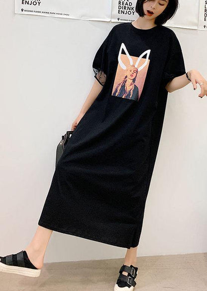 Unique Black O-neck Puff Sleeve Summer Character Long Dress