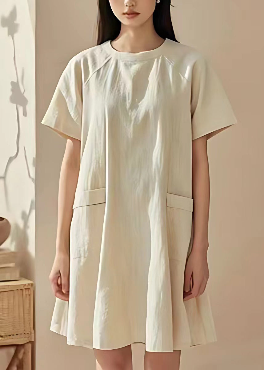 Beige O Neck Pockets Cotton Mid Dresses Summer