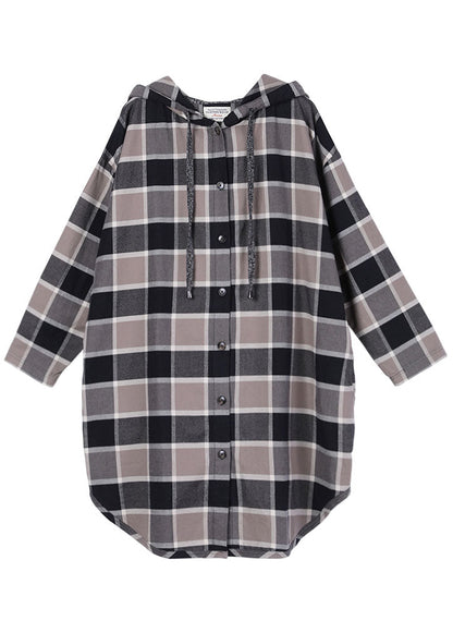 Handmade Khaki Plaid Hooded Drawstring Button Fall Shirt Top