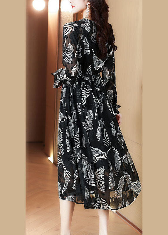 Black V Neck Tie Waist Print Chiffon Holiday Dress Spring