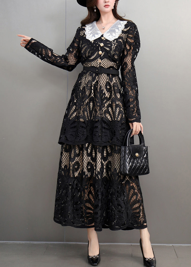 Black Peter Pan Collar Lace Long Dress Spring