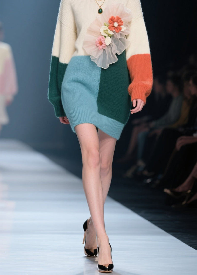 Colorblock O Neck Knit Sweaters Dress Fall