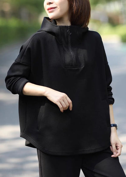 Black Hooded Cotton Pullover Sweatshirt Fall