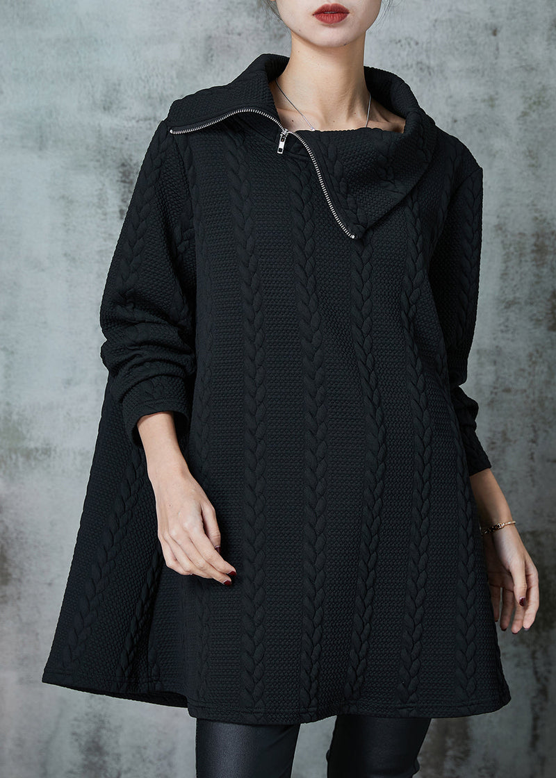 Black Asymmetrical Zippered Knit Sweatshirt Spring