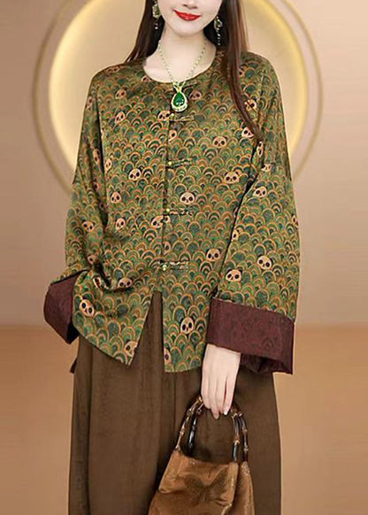 Retro Green O Neck Print Chinese Button Silk Coats Fall