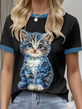 Women's Retro Funny Denim Patch Animal Cat Print Crew Neck T-shirt elevenforest