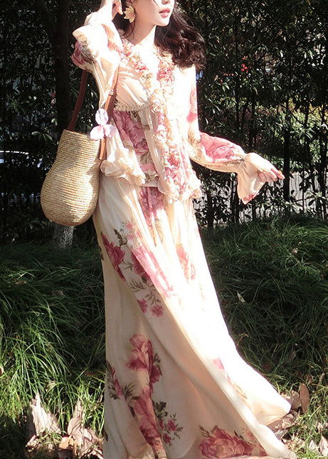 Apricot Ruffled Print Chiffon Two Pieces Set Spring
