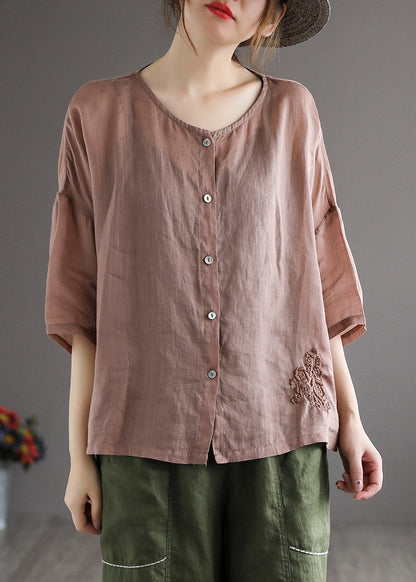 Loose Coffee O-neck Embroideried Button Linen Shirt Half Sleeve