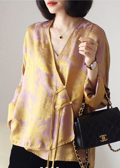 Yellow Print Patchwork Silk Tops Asymmetrical Long Sleeve