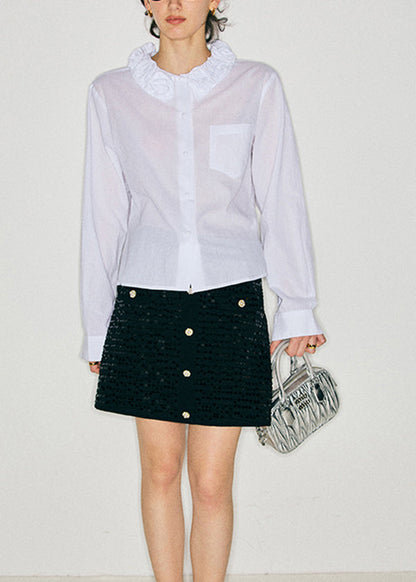 Boutique White Jacquard Cotton Shirt Tops Fall