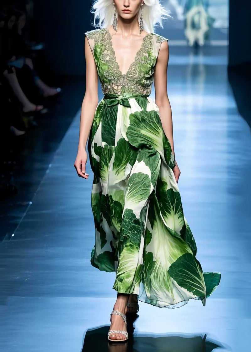 Stylish Cinched Chinese Cabbage Print Chiffon Party Dress Summer