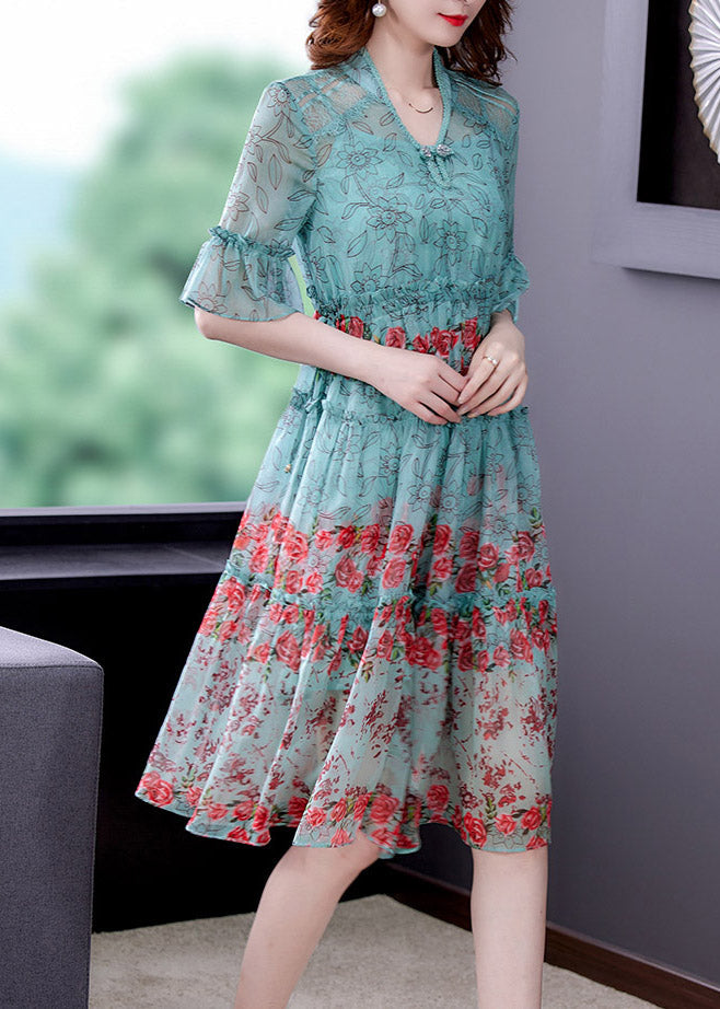 Light Green V Neck Print Chiffon Maxi Dress Summer