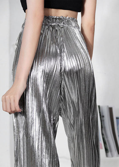 Silver Wrinkled Summer Wide Leg Pants