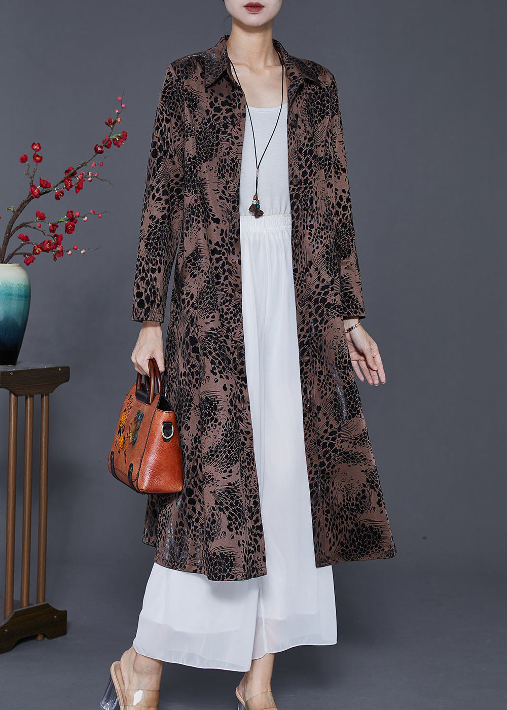 Brown Print Cotton a Line Dress Peter Pan Collar Spring