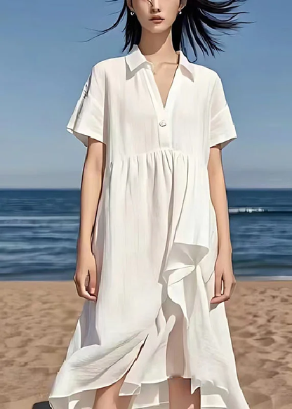 Simple White V Neck Exra Large Hem Linen Beach Dress Summer