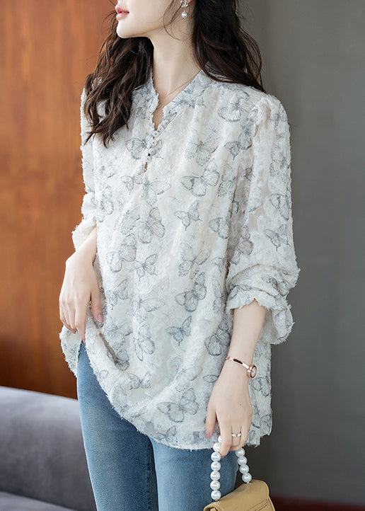 White Butterfly Chiffon Eyelash Shirt Tops Fall