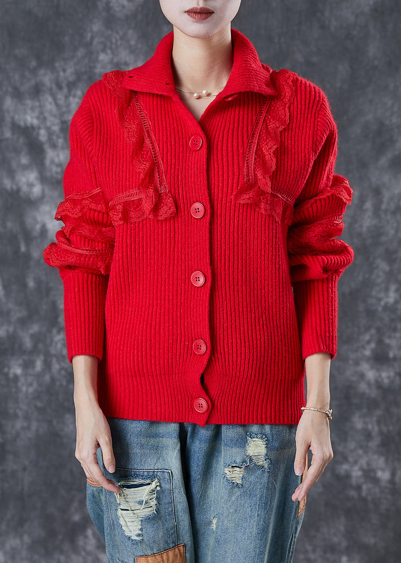 Red Peter Pan Collar Lace Patchwork Knit Coats Winter