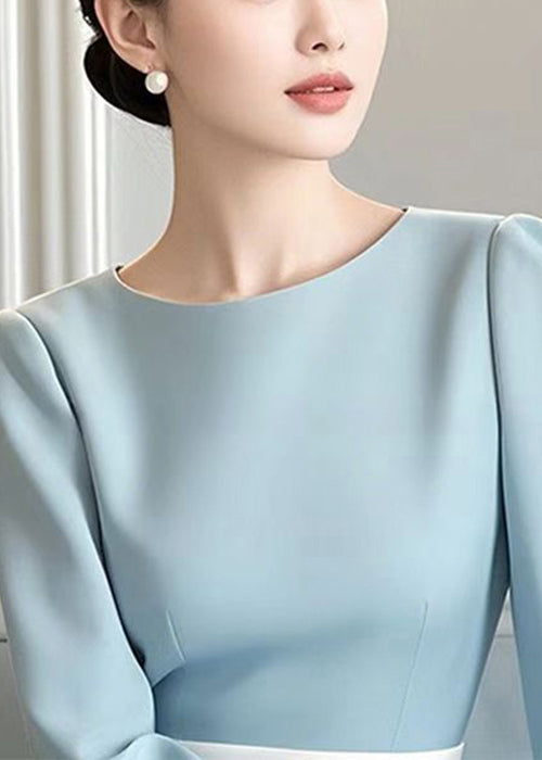 Blue O Neck High Waist Cotton Long Dress Spring