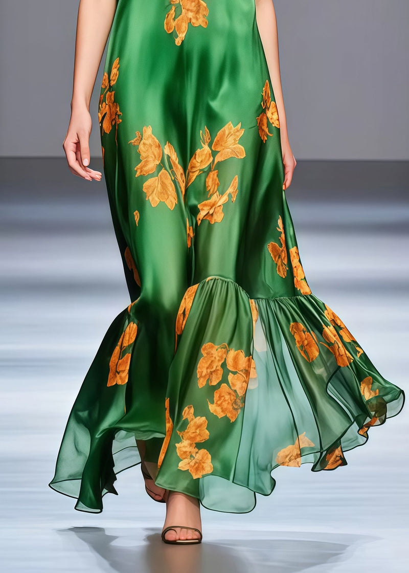 Fine Tea Green V Neck Print Silk Vacation Dresses Sleeveless