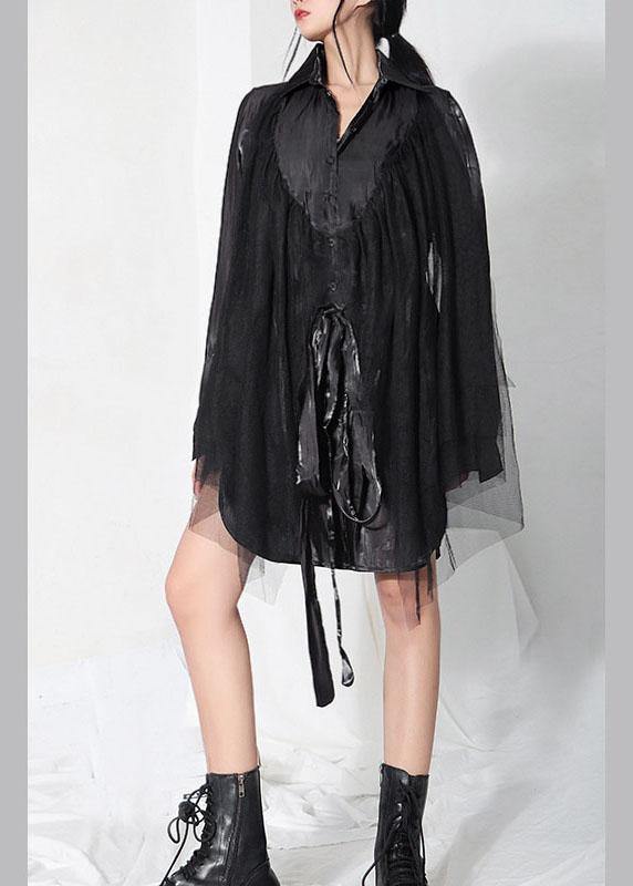 Stylish Black Patchwork Tulle Tie Waist Asymmetrical Design Summer Top