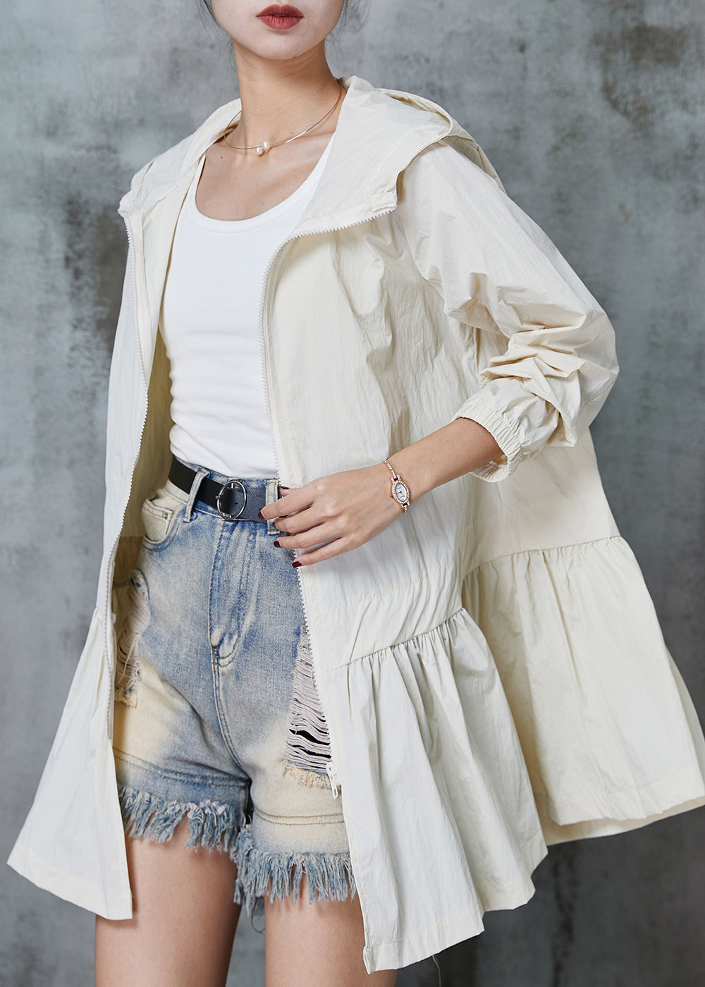 French Beige Exra Large Hem Patchwork Cotton Upf 50+ Coat Jacket Spring