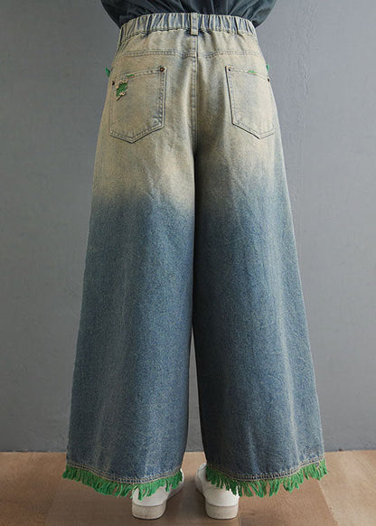 Blue High Waist Hole Pockets Tassel Cotton Denim Wide Leg Pants Spring
