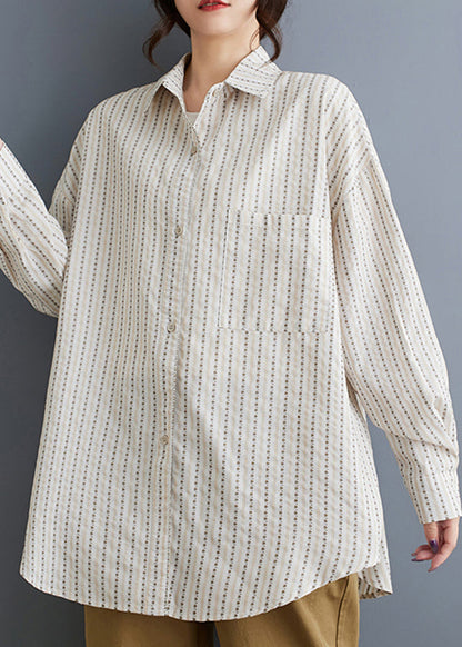 White Peter Pan Collar Striped Loose Cotton Shirt Spring