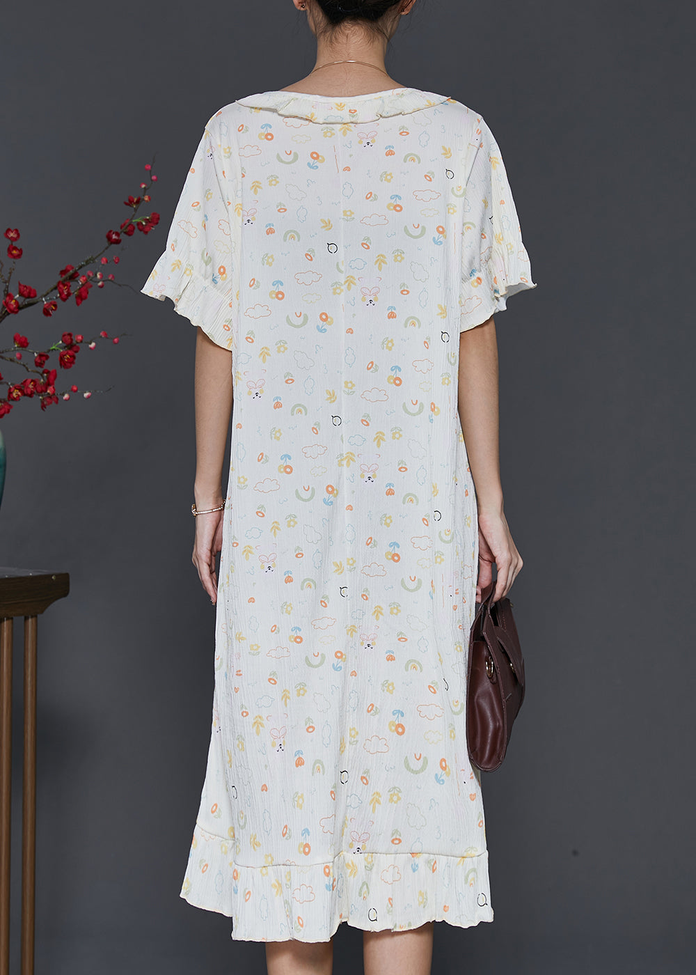 Apricot O-neck Print Cotton Robe Dresses Summer